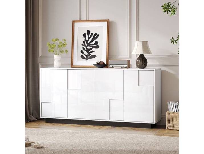 Buffet - Buffet de salon - 160x37x75.5 cm - 4 portes - Blanc brillant - Design moderne