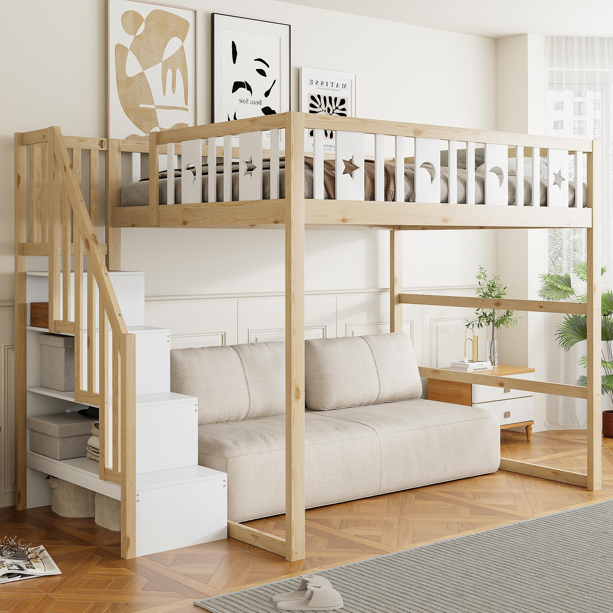 Merax Etagenbett Kinderbett 140×200 cm aus Massivholz, Hochbett mit Treppe und Sicherheitsgeländer, Stern- & Mond-Nachbildung, Stauraum & Spielbereich, Natur