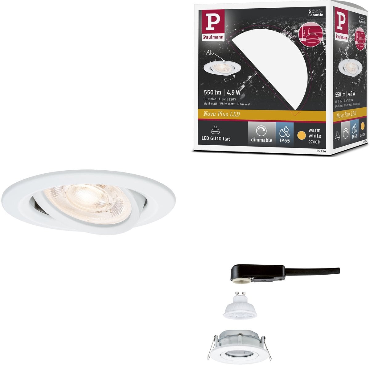 Paulmann Nova Plus LED-inbouwlamp GU10 Flat IP65 4,9W 550lm 230V dimbaar 2700K Wit mat