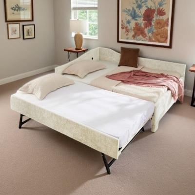 Full Size Daybed with Pull-Out Trundle, Curved Rounded Edge Backrest Sofa Bed,Built-in USB Charging