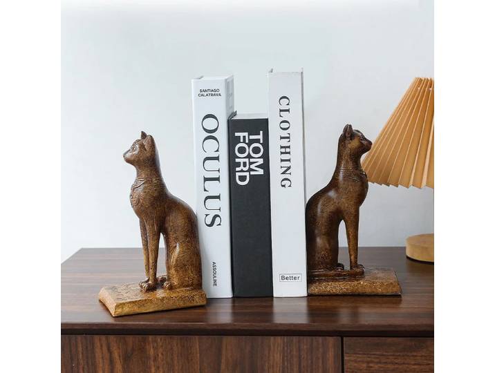 Porte-livres Chat Égyptien - Sculpture en résine imitation bois avec détails hiéroglyphiques, Décoration d'étagère sur le thème de l'Antiquité pour Bureau et Bibliothèque