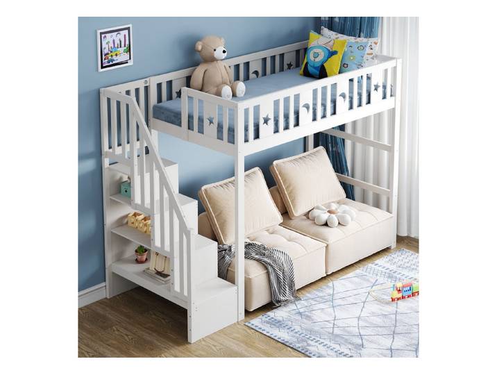MODFU Hochbett mit Treppe, Jugendbett (Funktionsbett mit Sicherheitsgeländer & Dekoration, Stern & Monddesign, Kinderbett 90x200 cm) ohne Matratze