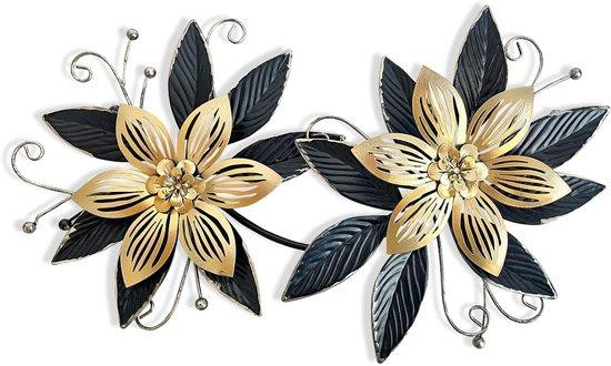Unyqoos 3D metalen bloemenwanddecoratie - handbeschildigde meerlagige bloemen in zwart en antiek goud - 38,1 x 24,1 cm