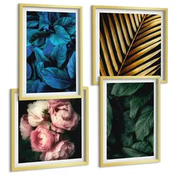 BILDER SET 4er Set - 50x50 cm & 40x60 cm Goldrahmen - Blätter und Blüten in verschiedenen Farben