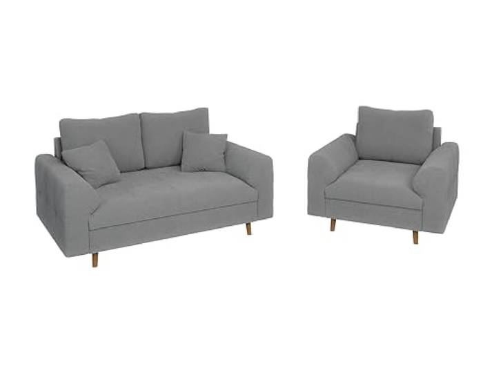 S-Style Möbel Set Sofa 2 Sitzer Sessel Couch 2 Stück Massivholzfüße Braun Freistehend Boucle Stoff Kratzfest Freistehend Erik Grau