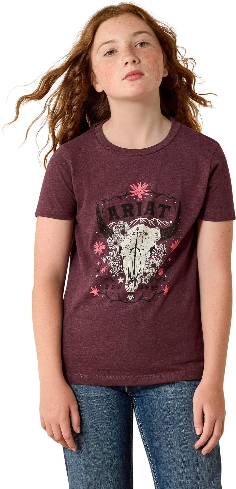 Kid's Skulls Florals T-Shirt in Wine, Size: XS by Ariat