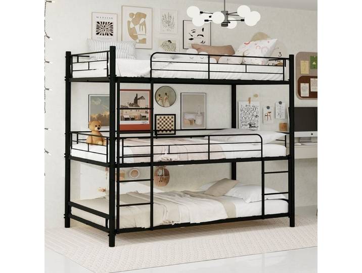 Lit superposé de 3 étages 90 x 190 cm avec échelle lit en métal avec balustrade lit pour enfants/adolescents/adultes - Noir
