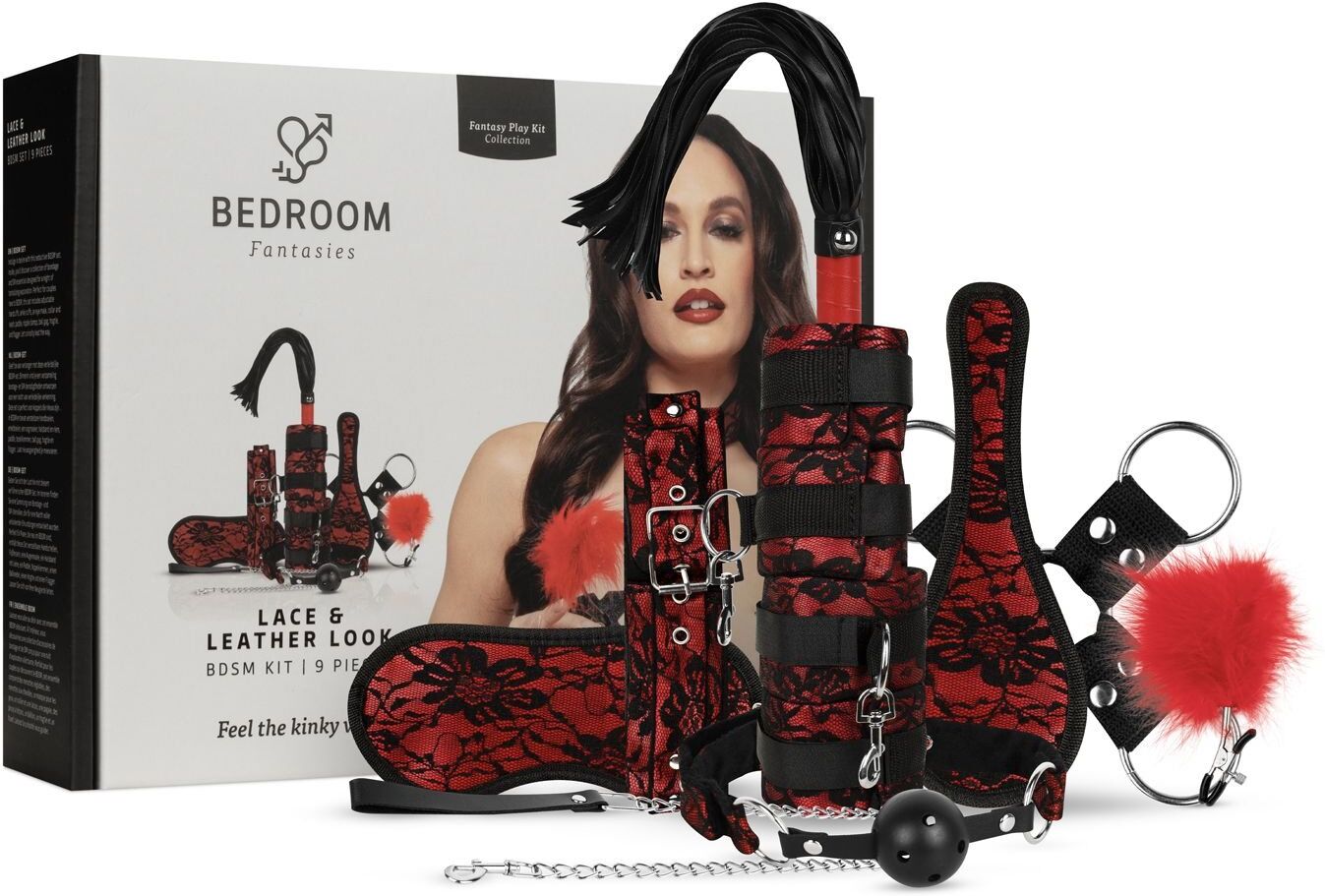 Bedroom Fantasies - Aspect dentelle et cuir - Ensemble de bondage 8 pièces - Rouge