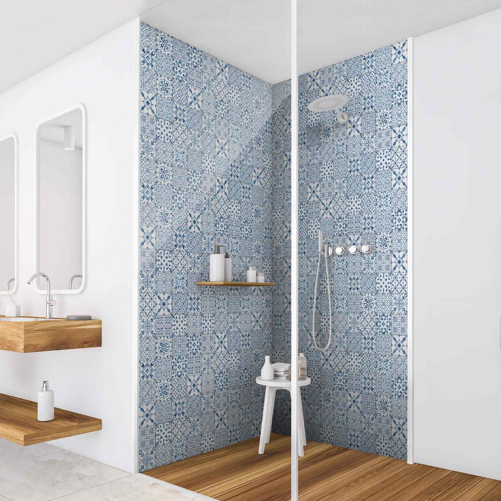 Duschrückwand Muster selbstklebend - 0.61 mm Wandpaneel wasserfest Design blau Fliesenoptik Illustration Badrückwand fugenlos Premium matt 110x190 cm