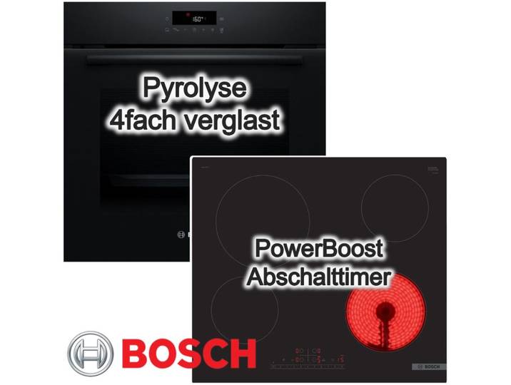 BOSCH Backofen-Set Pyrolyse 3D-Heißluft +Glaskeramik Kochfeld PowerBoost rahmenlos autark, mit Nein