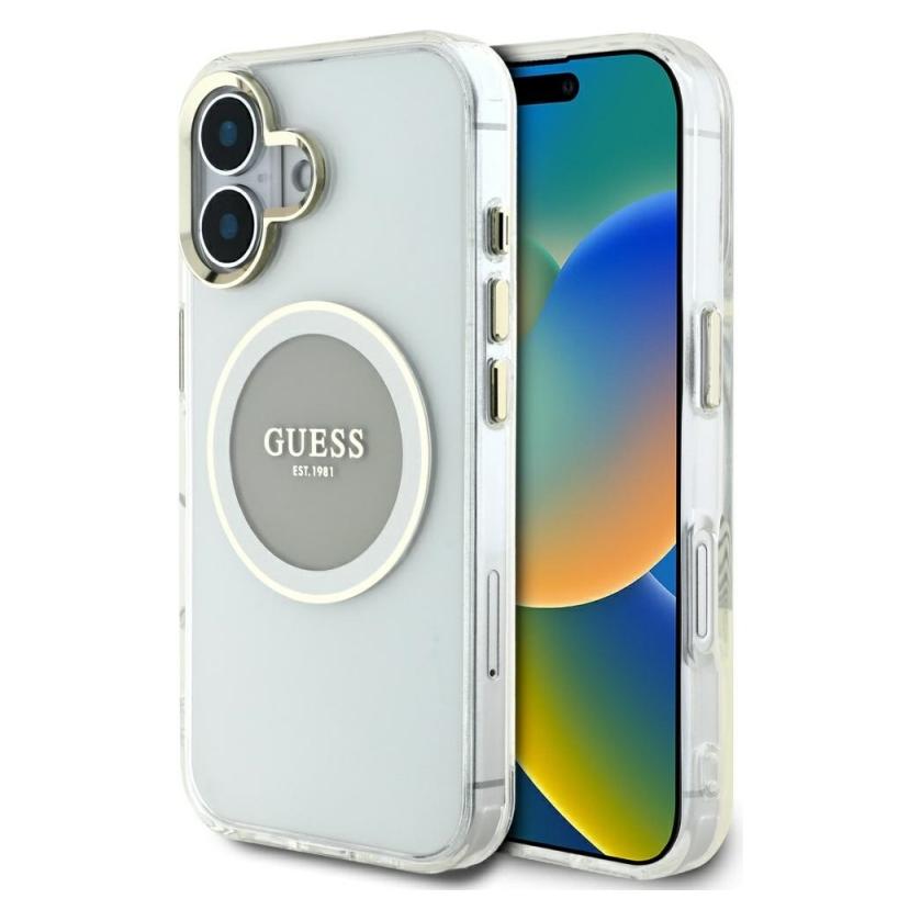 Guess Case IML Metal Colored Circle Classic Logo MagSafe for iPhone 16 grey (Apple iPhone 16) (GUHMP16SHTDRCEDG)