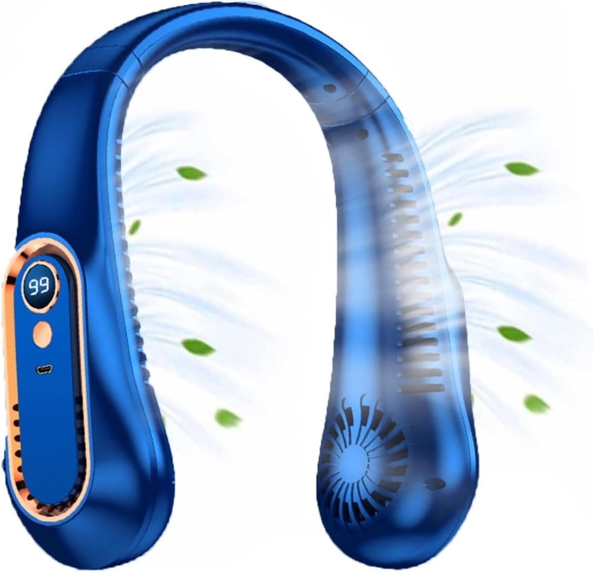 Blauwe draagbare nekventilator met 5 standen en koeling