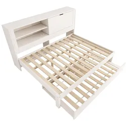 OKWISH Schlafsofa Holz Weiß 198x170x100 cm, 140x190 cm Hauptbett mit Ausziehbett 90x190 cm, Stauraum-Rückwand und USB/Typ-C