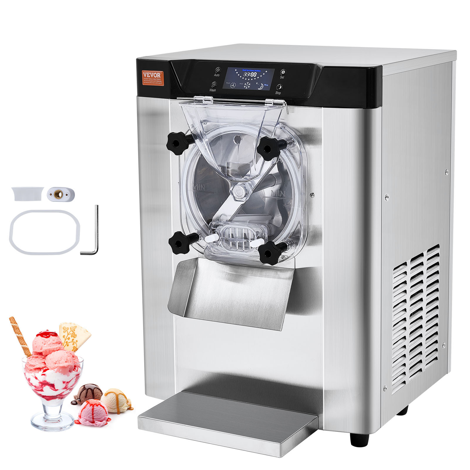 VEVOR Kommerzielle Eiscreme-Maschine, 12 L/h Einzelgeschmacksrichtung Arbeitsplatten-Eiscrememaschine für Hartes Servieren, 4,5 L Edelstahlzylinder, LED-Panel, Automatische Vorkühlung mit Reinigung