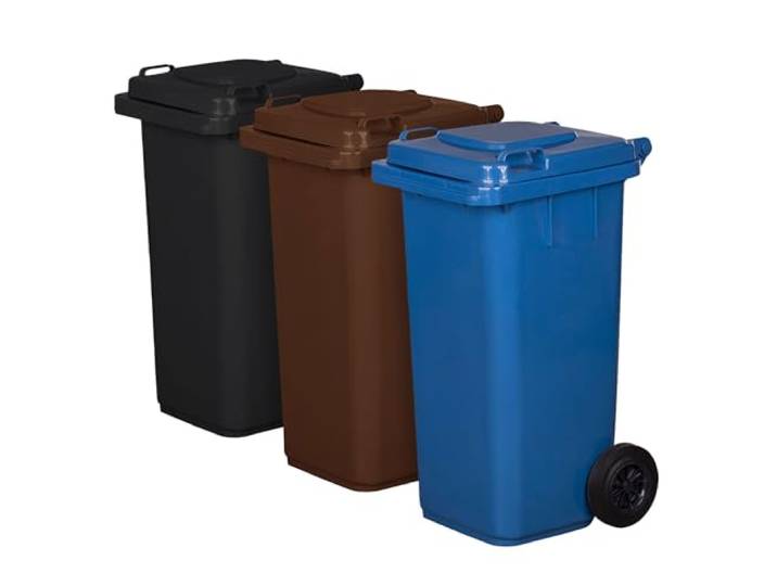 3er Set Mülleimer PN-EN 840 120 Liter mit Rollen System zur mechanischen Entnahme Kunststoff schwarz braun blau