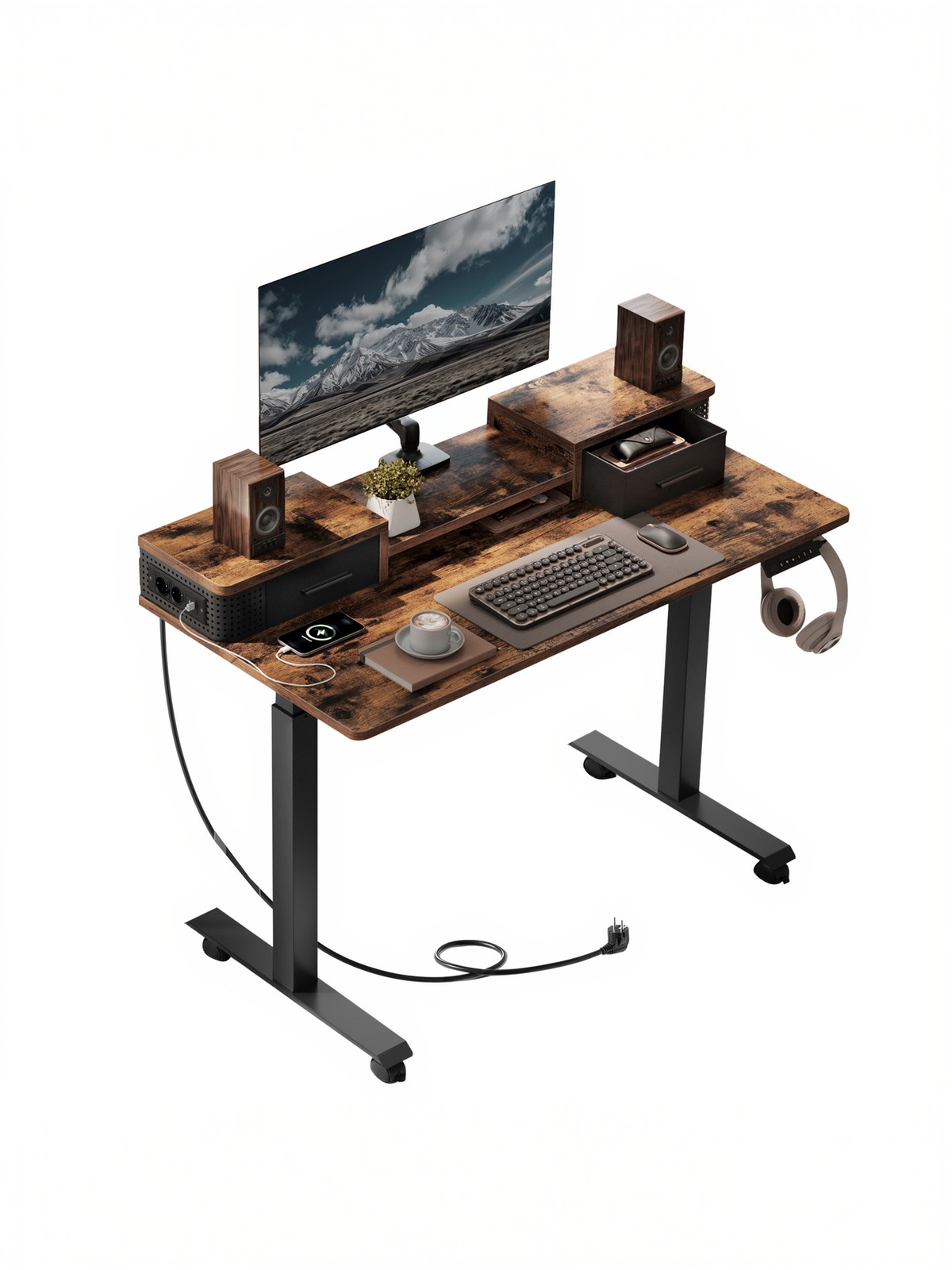 VASAGLE Höhenverstellbarer Stehtisch, 120 x 60 cm, mit Monitorständer und Ladestation LSDB35182X01