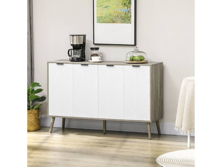 HOMCOM Buffet Bas 4 Portes Chevrons Blanc et Gris 120cm