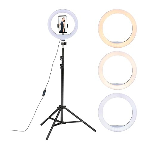 Relaxdays LED ringlamp met statief, dimbaar en verstelbaar, wit/zwart