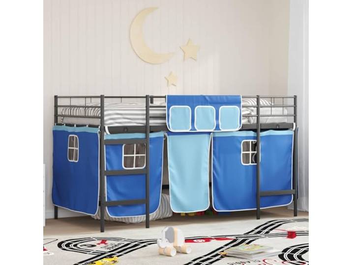 Pulverbeschichteter Metallrahmen mit Vorhängen Kinder Hochbett Rückzugsort Kinder Loft Bettgestell mit Vorhängen Schwarz Blau Hochbett Metall Rahmen mit Vorhang