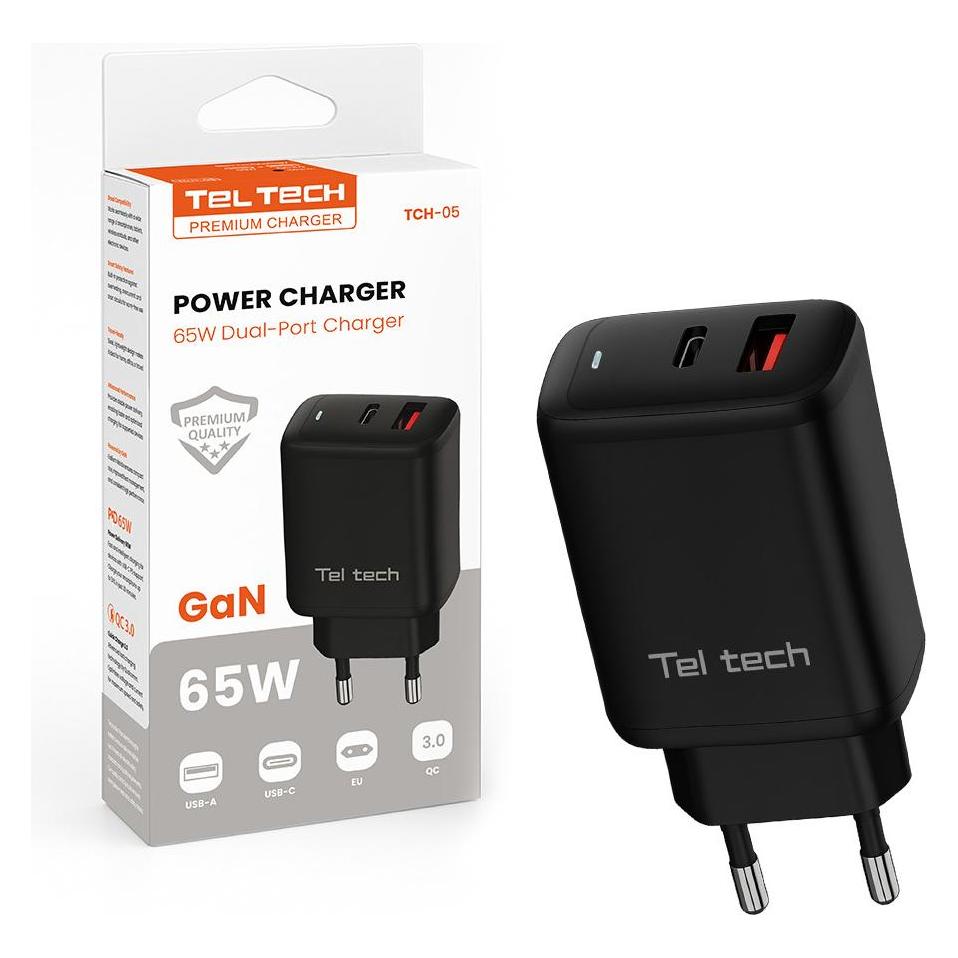 Teltech GAN 65W WAND-LADEGERÄT USB+TYPE-C SCHWARZ PD TCH-05 (65 W) (36723)