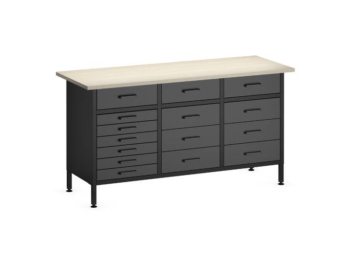 Werkbank MAKSIMUS 15 Schubladen 160 x 60 cm anthrazit/schwarz/natur
