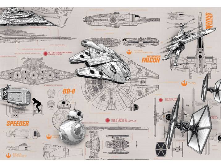 Fototapete KOMAR STAR WARS Blueprints - Größe 368 x 254 cm , grau (grau, gelb), B:368m L:254m, Papier, Tapeten, Fototapete, Kinderzimmer