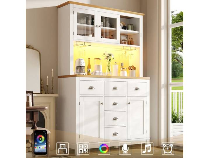 Panneau / Armoire de rangement / Armoire de cuisine / Armoire buffet 104x40x180cm style rustique 4 portes avec lampe à LED et po