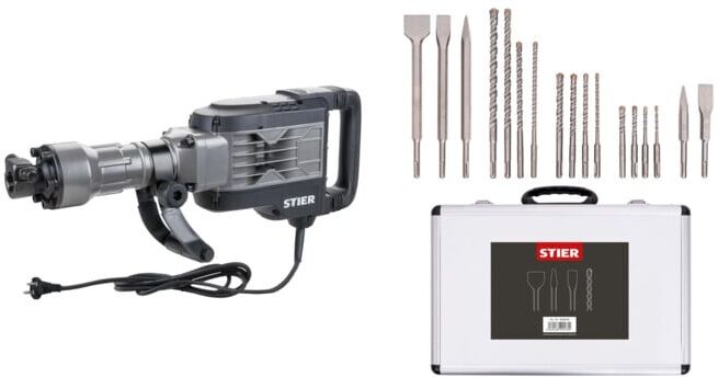 Set STIER Abbruchhammer SAH-2000 + SDS-Plus-Bohrer- und Meißelsatz 17-tlg