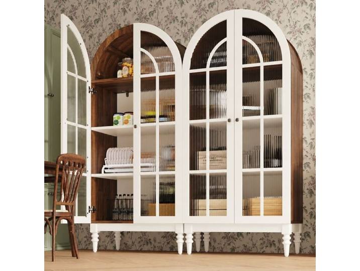 Lot de 2 armoires vitrines Norevia façade en arche et portes en verre strié blanc et décor noyer hauteur 165 cm