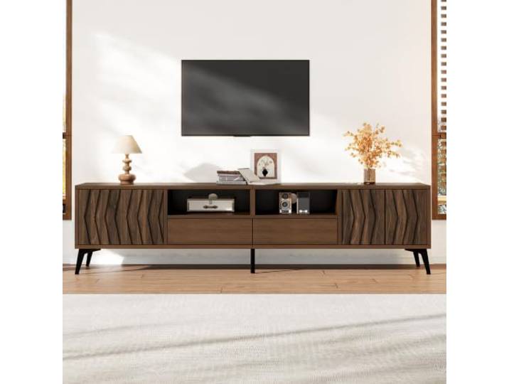 QQJIN TV-Schrank 180cm Walnussholzfarbe mit Zwei Flügeltüren TV Lowboard mit Geometrischem Relief Zwei Schubladen Sechs Beinen für 75-Zoll-Fernseher Wohnzimmer Schlafzimmer
