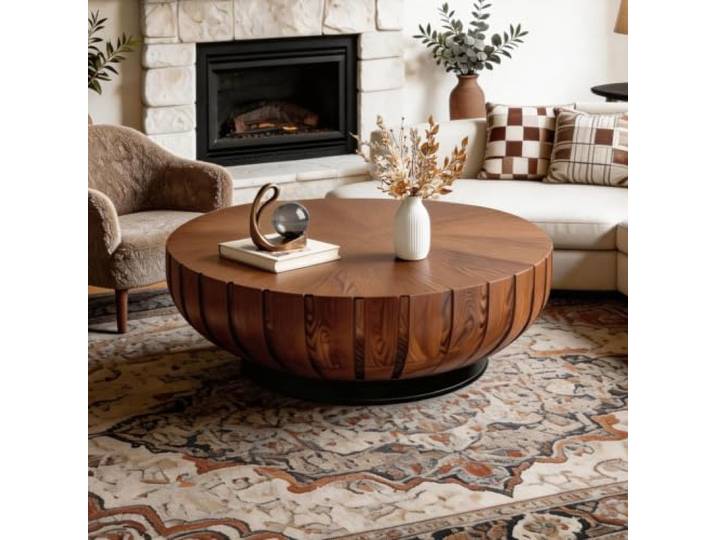 JHKZUDG Runder Couchtisch 90Cm Mit Geriffeltem Korpus Im Mid-Century-Stil Moderner Couchtisch Aus Holz in Trommelform – Handgefertigtes Massivholzfurnier, Beistelltisch, Wohnung Und Kleine Räume