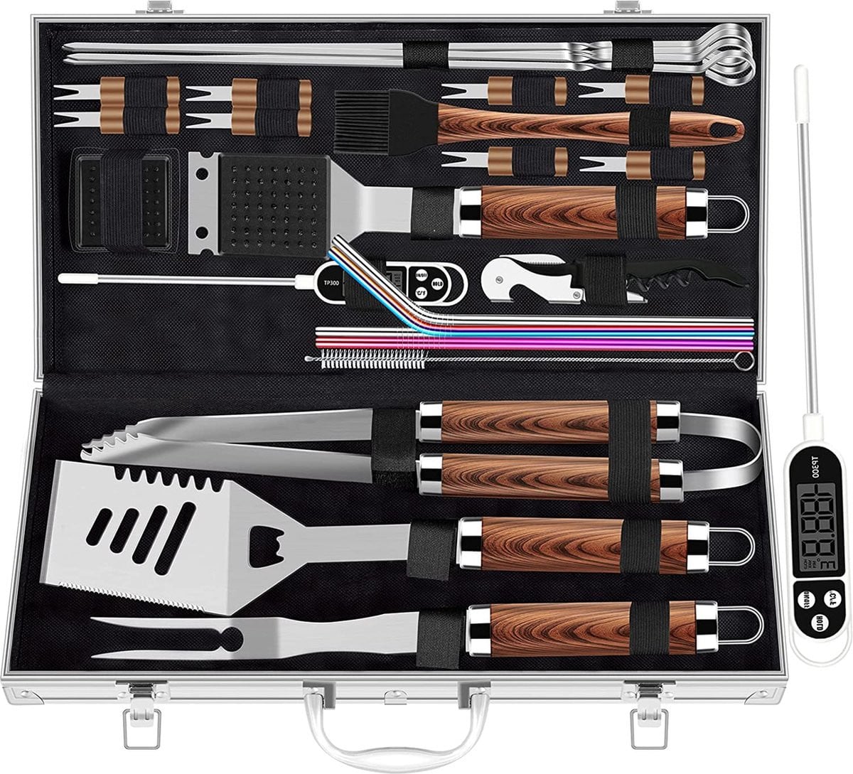 Luxe Grillset met BBQ Gereedschap en Thermometer in Zilver RVS en Aluminium