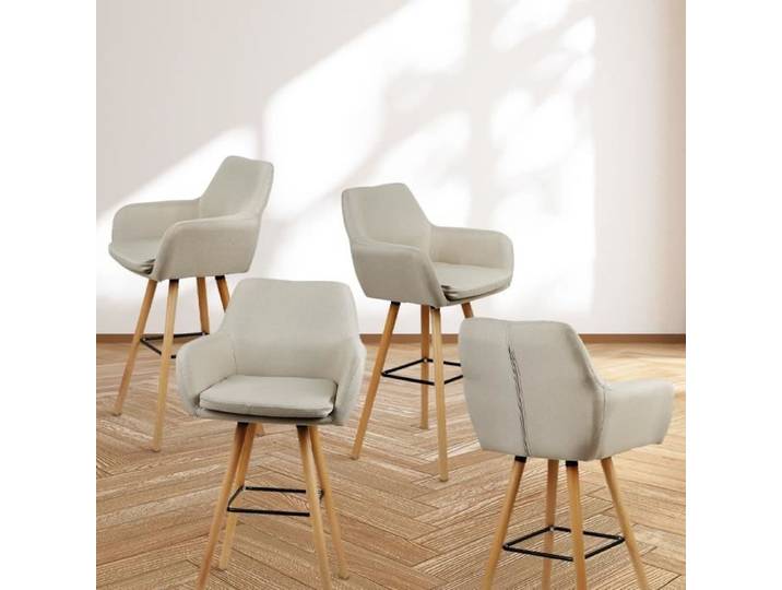 Tabouret de bar - SUPFINE - Lot de 4 - Beige - Pieds en bois - Antidérapants