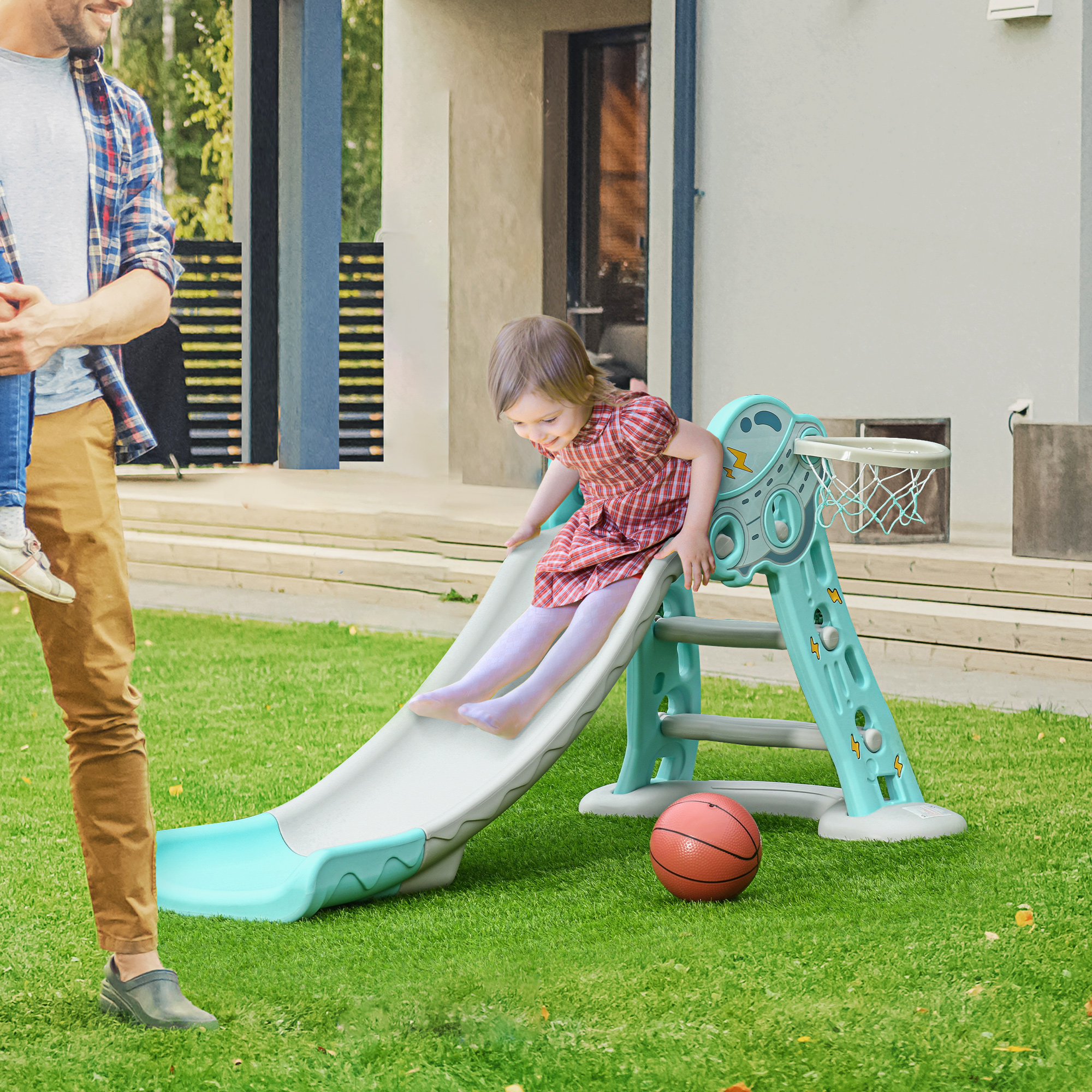 Homcom Scivolo per Bambini da 18 Mesi Pieghevole con 3 Scalini e Canestro Basket, 140x87x75cm, Blu e Grigio