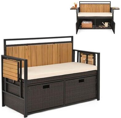 Costway Outdoor Storage Bench with 2 Side Tables and 2-Seater Bench Seat