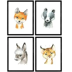 POSTER Set mit 4 Waschbär Fuchs Esel und Leopard A4 Schwarzer Rahmen