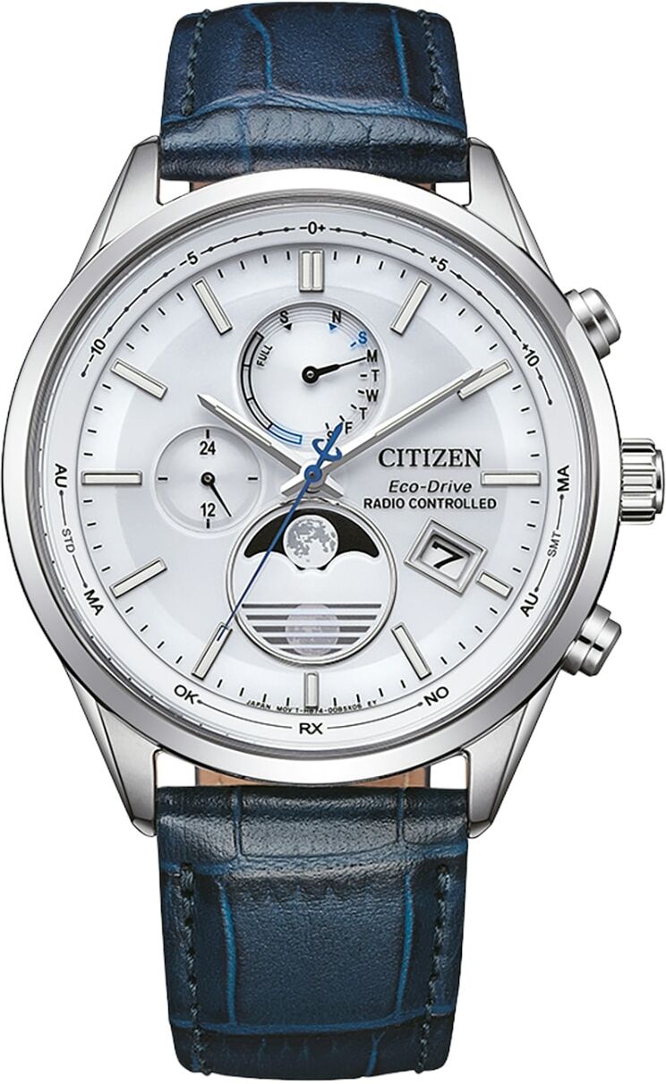Funkuhr CITIZEN "Funkuhren Mondphase", blau (blau, silberfarben, weiß), Armbanduhren, Herren, silberfarben, Funkuhr, Quarzuhr, Armbanduhr, Herrenuhr, Lederarmband, analog, Big Date, Tag