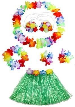 Useful Little Things Hawaiian Dance Child Skirt With Leis Costume 15.7 Inch Elastic Luau Grass Skirt Flower Bracelets Headband Necklace Set 6pcs Green 15.7 In