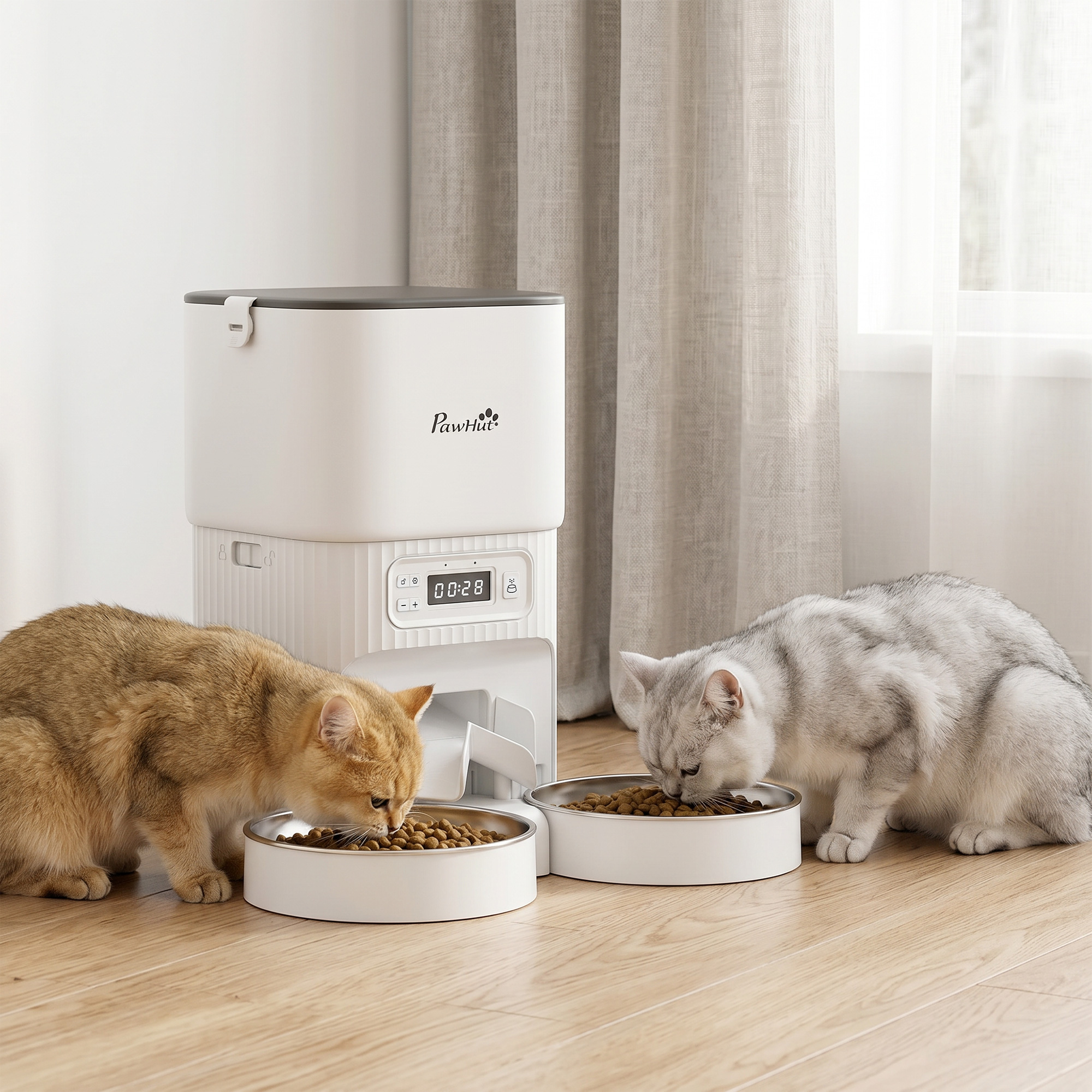 Pawhut Mangiatoia Automatica 4L, Distributore Cibo per Gatti/Cani, 1-6 Pasti al Giorno, 2 Ciotole Doppia Alimentazione, 33x30,5x30 cm, Bianco   Aosom Italy