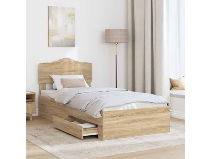 KTHLBRH Bettgestell, Sonoma-Eiche, 90 x 190 cm, Holz, mehrschichtig Mit Kopfteil, Schubladen, Lattenrost, einfach zu montieren, Höhe 32 cm