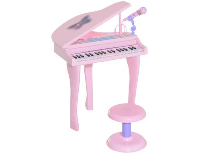 HOMCOM Keyboard Kinder mit 37 Tasten mit Mikrofon für 3-6 Jahre Rosa Hocker Klavier, LED-Lehrmodus, Aufnahme, Piano Musikinstrument