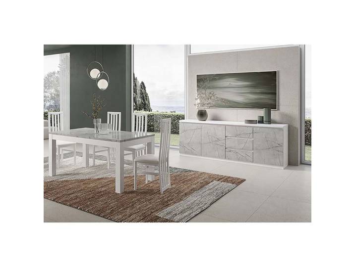 DEYTON - Ensemble Séjour Blanc et Gris Marbré Table 160cm + Buffet 3 Portes