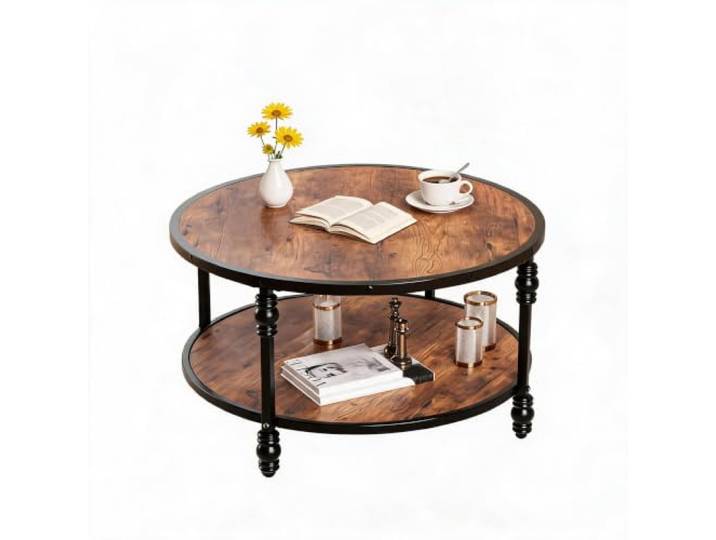 Litake 72 cm Vintage Couchtisch Rund, Beistelltisch Rund mit 2 Ablagen Sofatisch Holz Ø 28 mit Ablage, Couchtisch Rund mit Massivholzoptik, Stabiles Metallgestell, Offenes Fach Einfache Montage