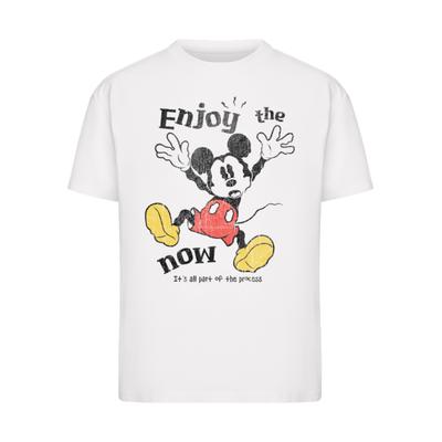 T-Shirt MERCHCODE "Merchcode Mickey Mouse Enjoy The Now Tee", Damen, Gr. S, weiß, 100% Baumwolle, bedruckt, oversize, Rundhals, Shirts T-Shirt