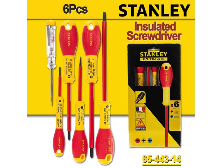 STANLEY Jeu de tournevis isolés 6 pièces avec tournevis à fente et Pozidriv 1000 V VDE avec testeur de circuit No.65-443-14
