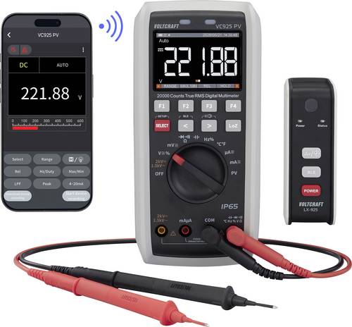 VOLTCRAFT VC925 PV Photovoltaik-Multimeter TRMS LoZ CAT III 1500 V, CAT IV 1000V Bluetooth integrierte Magnethalterung Tasche