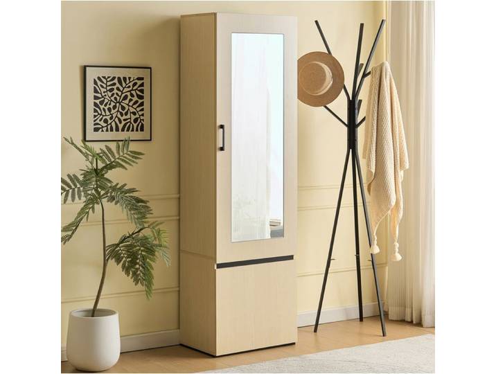 Armoire vestiaire étroite avec miroir AESVAR 54 x 34 5 x 179 5 cm penderie coulissante MDF aspect bois