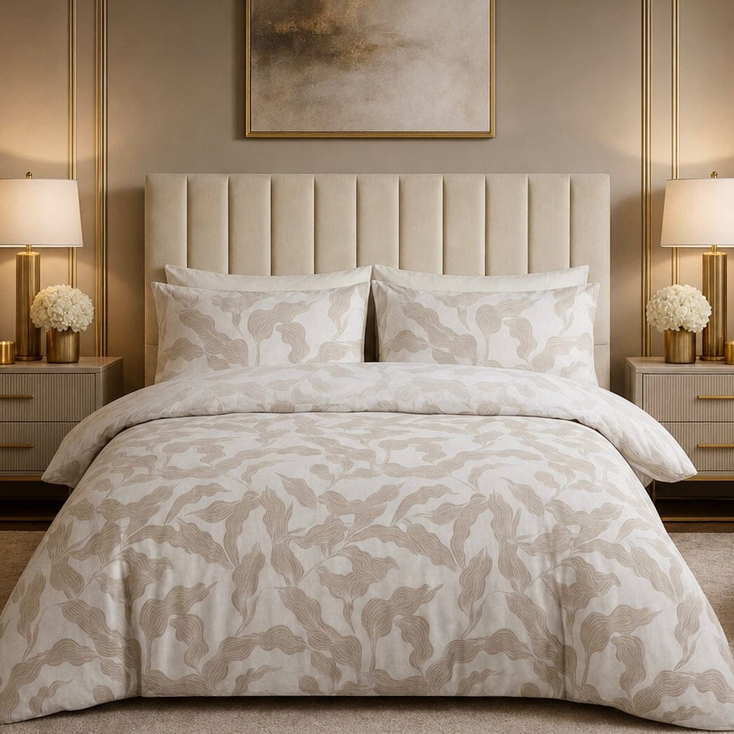Aspen White & Beige Leaf Print Duvet Set, Double