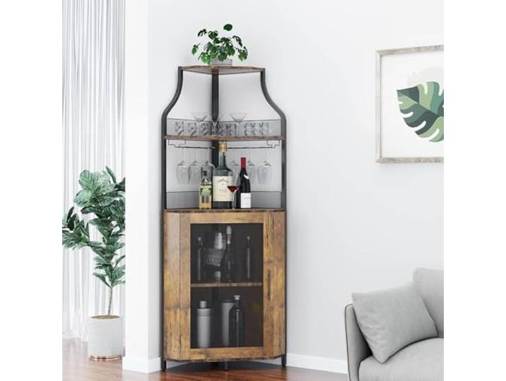 Eck‑Barschrank 155cm Hoch, Industrieller Eckweinschrank mit Weinregal Glashalter & Mesh‑Tür für Küche Wohnzimmer verstellbare Regalböden, Gitter‑Mesh‑Tür, Bar‑Schrank für Küche