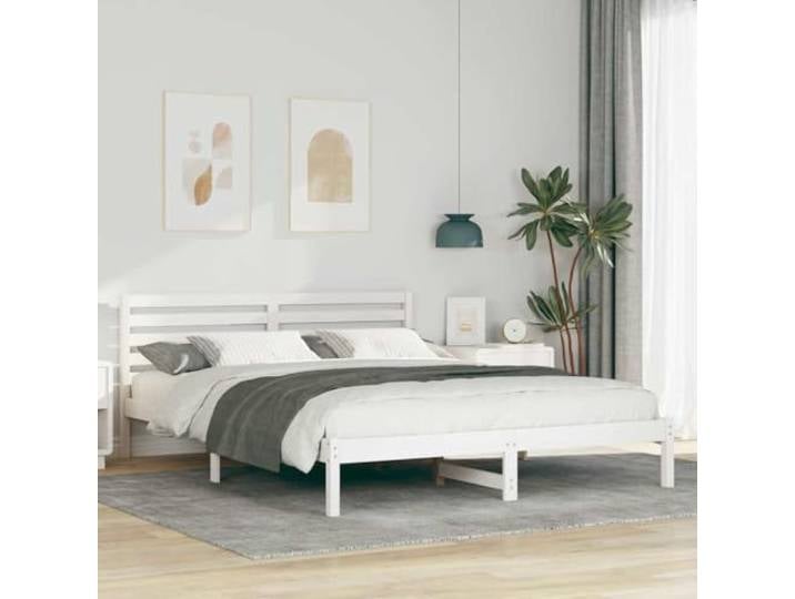 Massives Kiefernholz modernes Plattformdesign Stil 160 x 220 cm Weiß Weißes Bettgestell mit Kopfteil 160x220 Massives Kiefernholz Bettrahmen Lattenrost Plattform Stil Schlafzimmer Möbel
